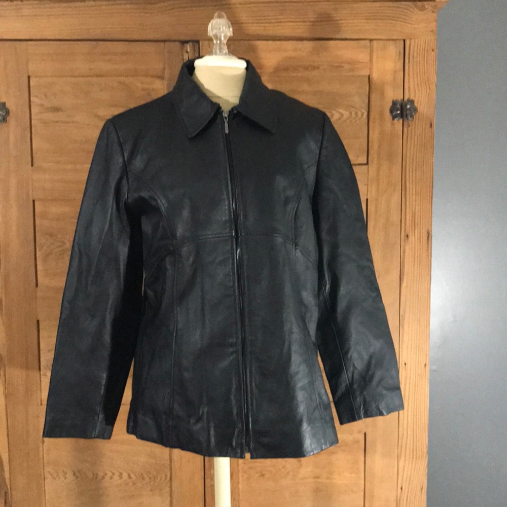 Jacqueline Ferrar genuine leather black jacket L / MED mob wife zip up vintage
